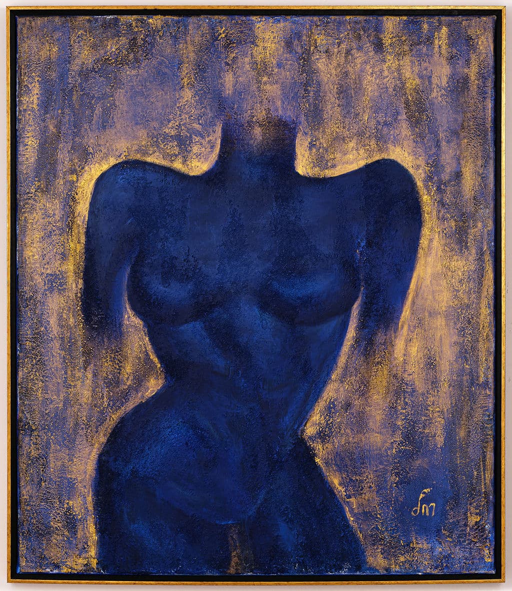 Painting of a female torso in deep ultramarine blue against a textured blue and gold background