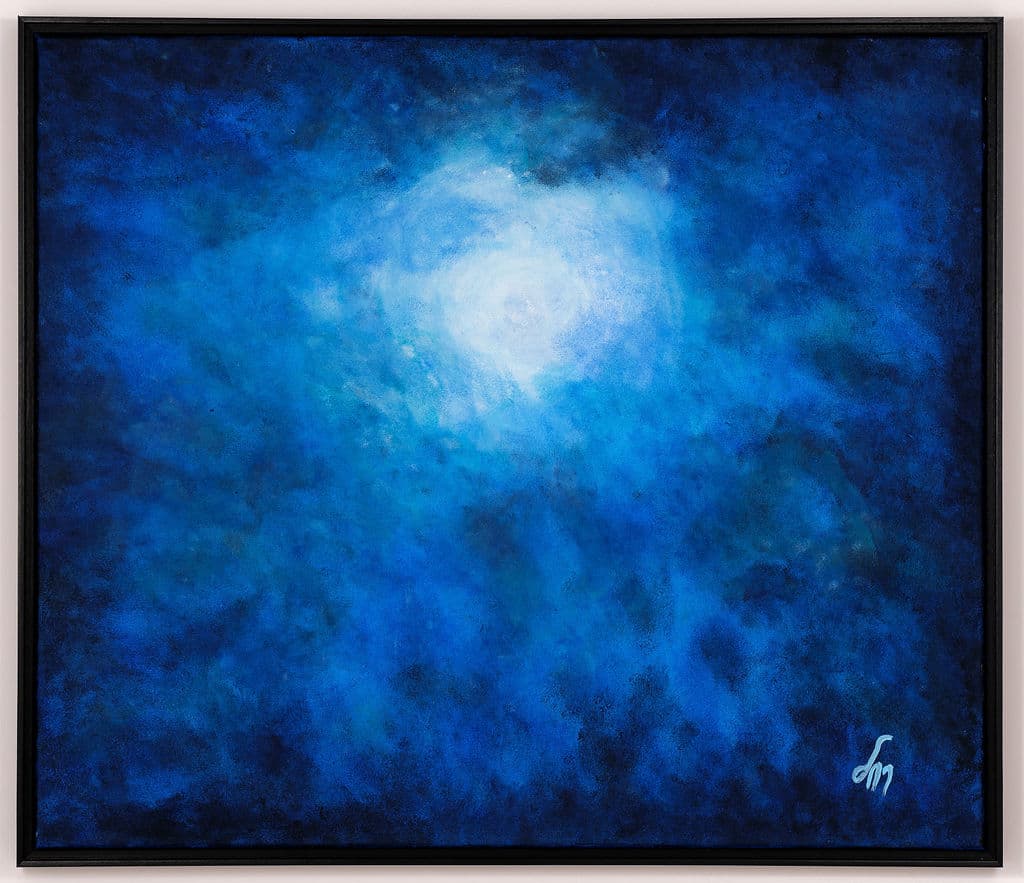 Monochrome painting in deep cobalt blue with a glowing white-blue light near the top center