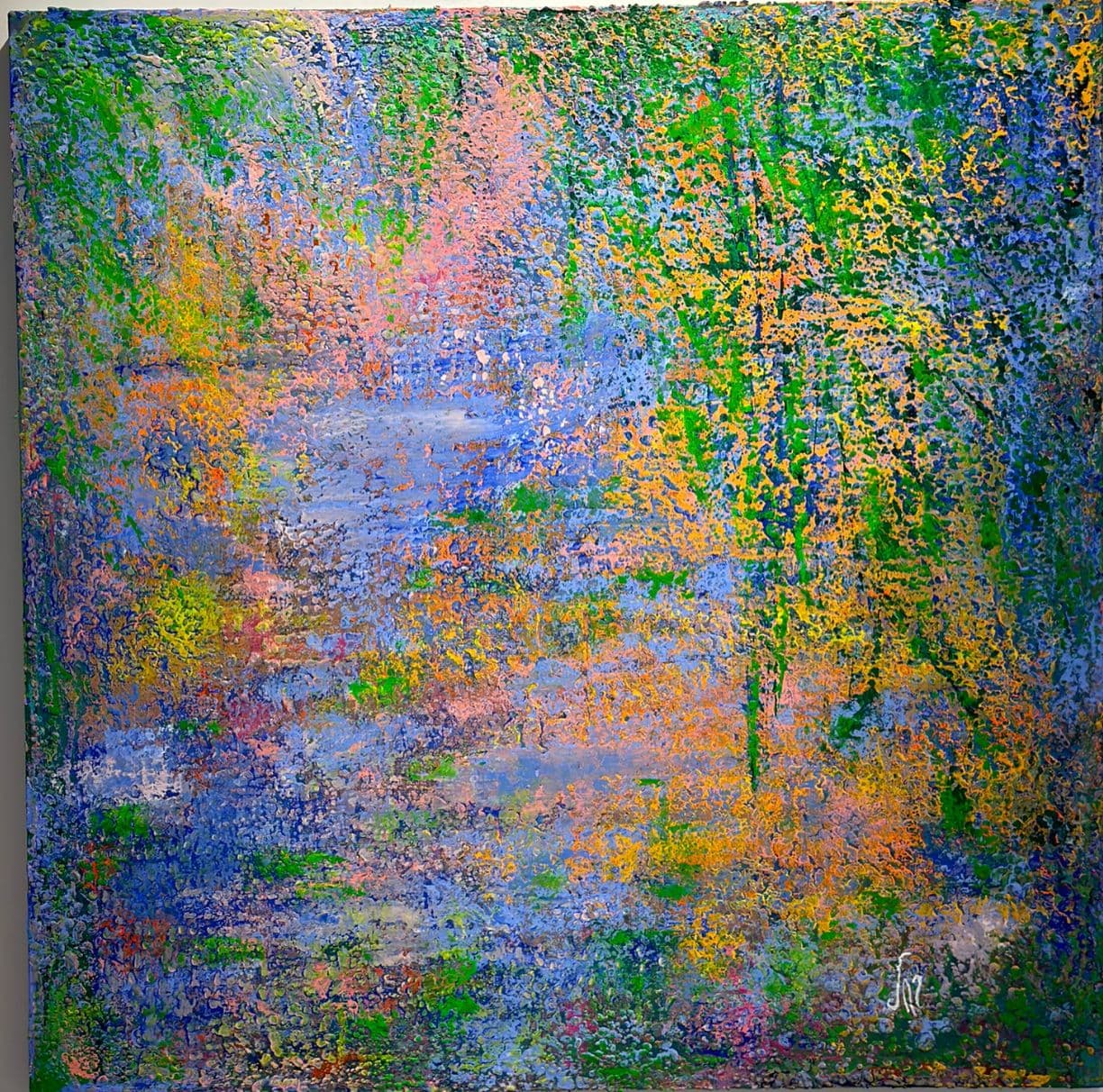 Textured painting of willow-like green streaks and blue-lilac water, built from small dabs of blue, pink, orange and green