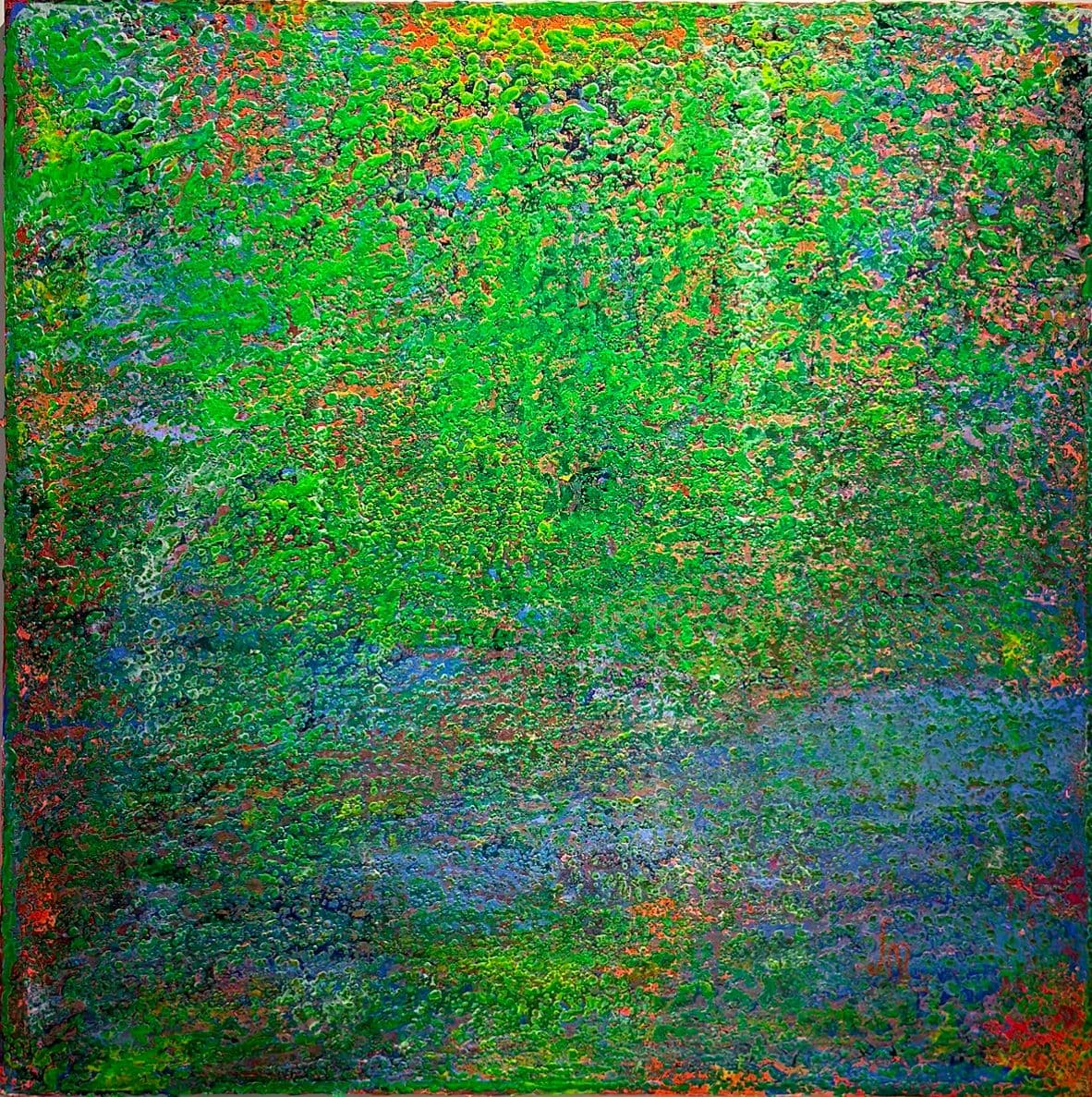 Textured abstract painting of vivid green droplets over orange-red, with a hazy blue-grey band like water near the bottom