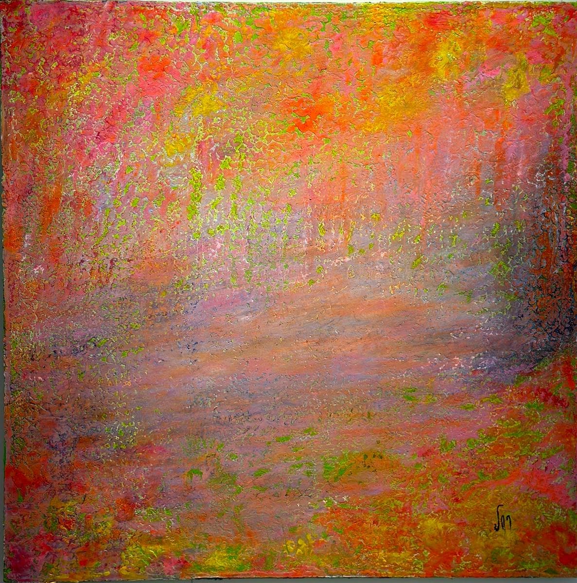 Abstract painting in coral, pink and orange with lime flecks and crackled texture, a misty mauve band across the middle