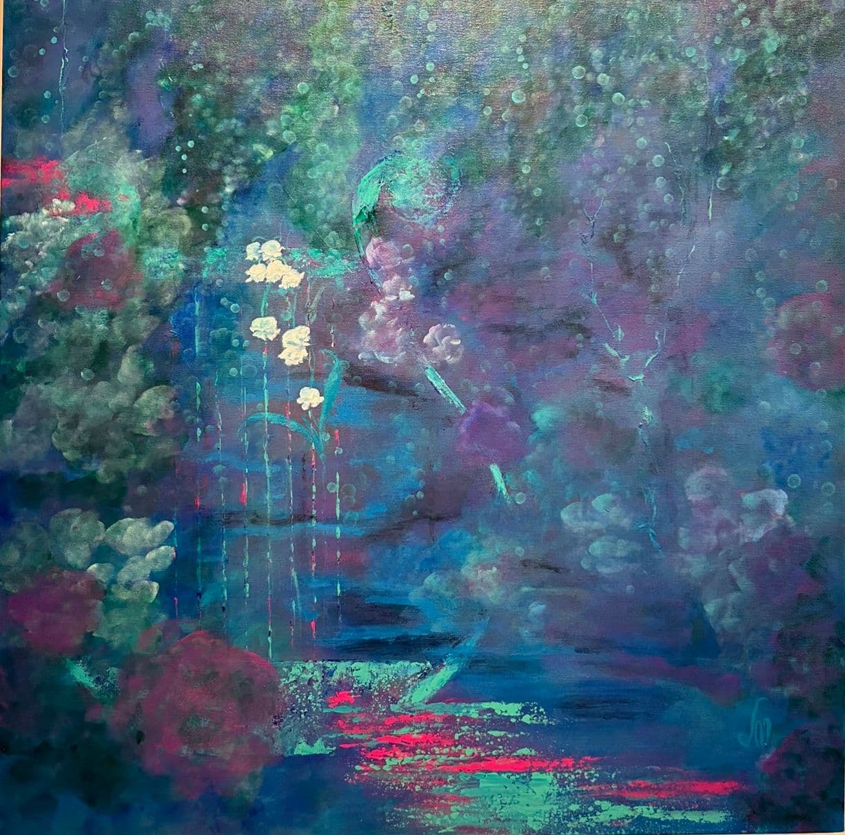 Painting of a nocturnal garden in blue, violet and teal, with white flowers and dark water reflecting neon pink and green