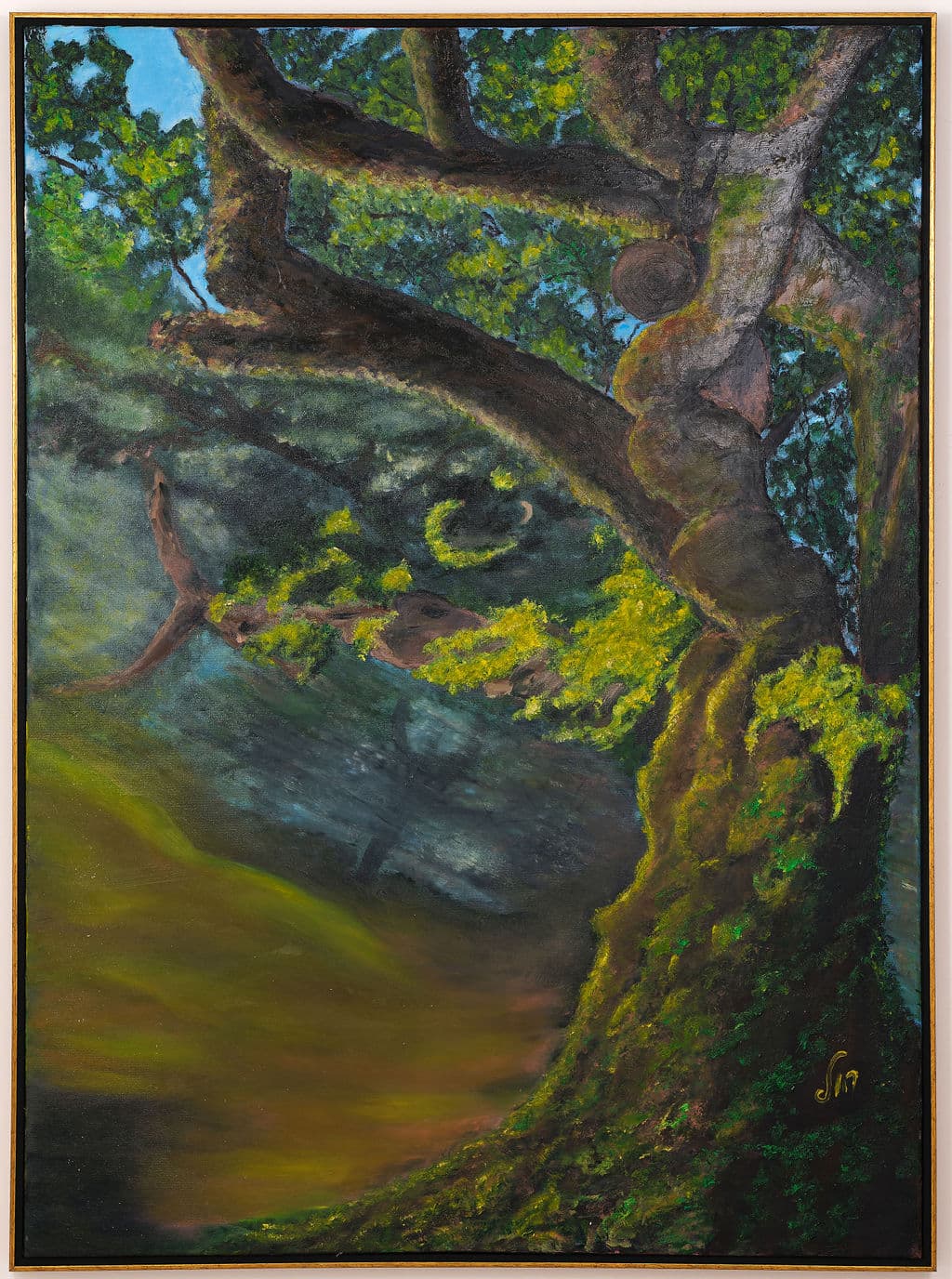 Painting of a large gnarled, moss-covered tree with sprawling branches, green foliage and glimpses of blue sky