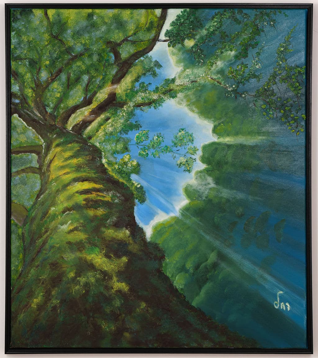 Painting looking up a moss-covered tree trunk to a leafy canopy, with blue sky and rays of sunlight