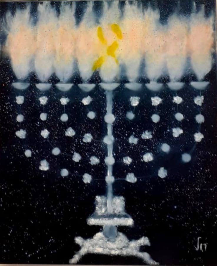 Oil painting of a silver-white menorah with nine glowing flames on a starry navy background, a small yellow ribbon at center