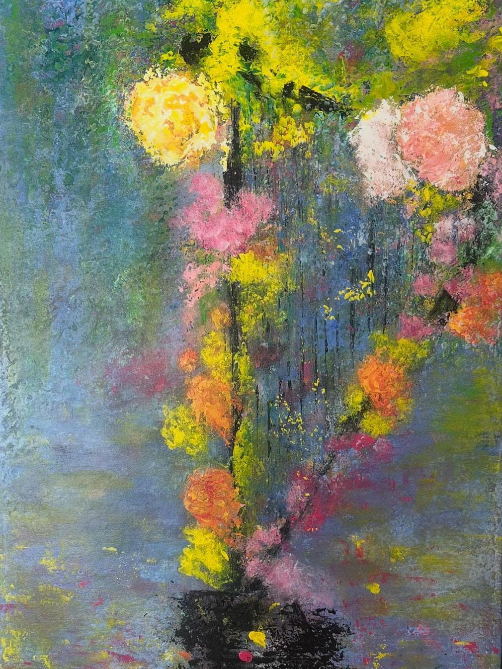 Painting of yellow, pink and orange blossoms climbing a dark vertical form, with fine string-like streaks on misty blue-grey