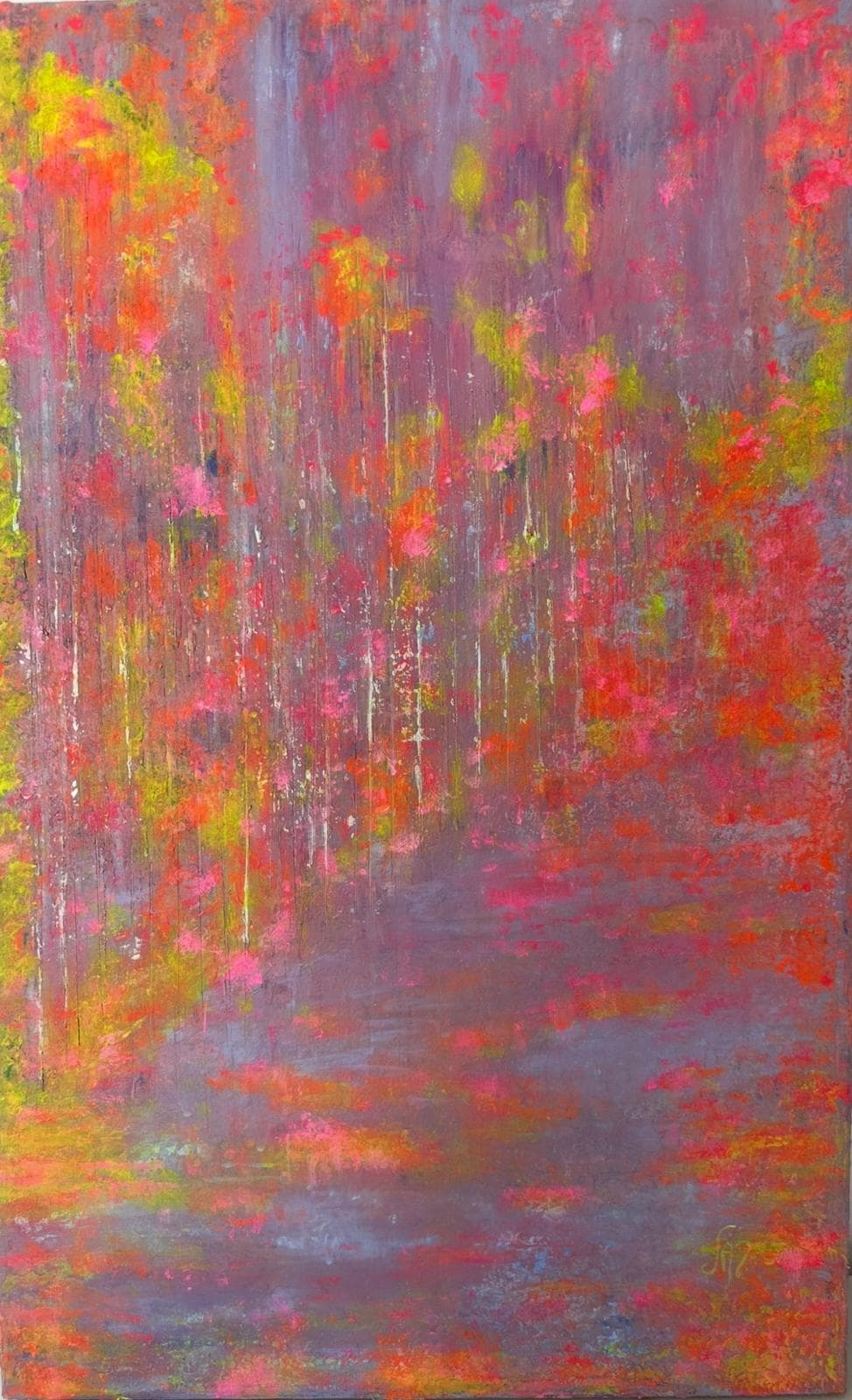 Tall abstract painting with magenta, orange and lime yellow dabs over mauve-grey, crossed by thin vertical white lines