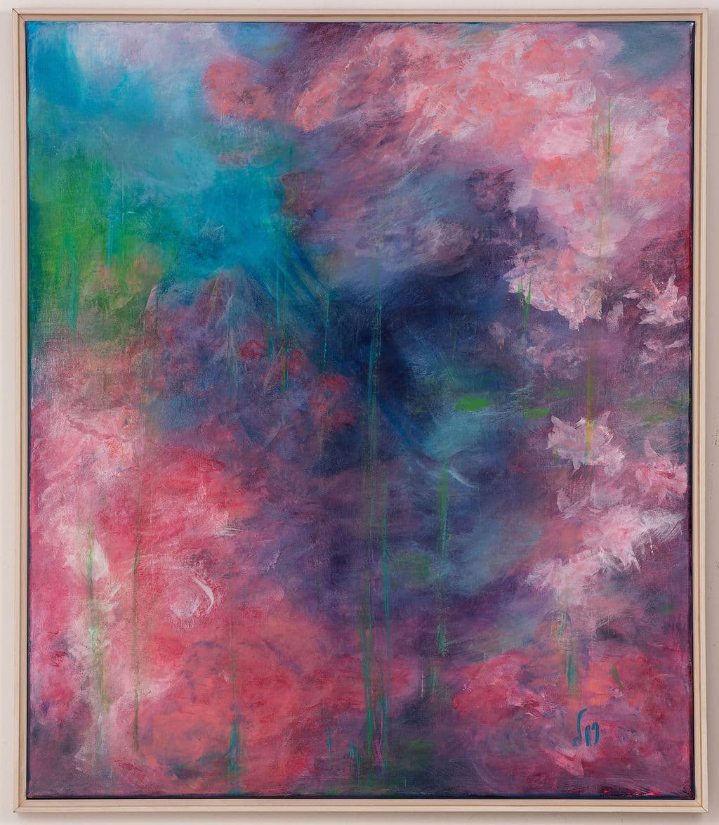 Abstract painting of pink and coral blossom clusters around deep violet, with turquoise and green at upper left