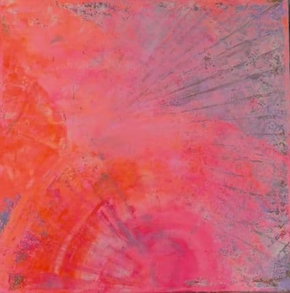 Abstract painting in coral red and pink fading to lavender, with fine lines fanning out from the upper right corner