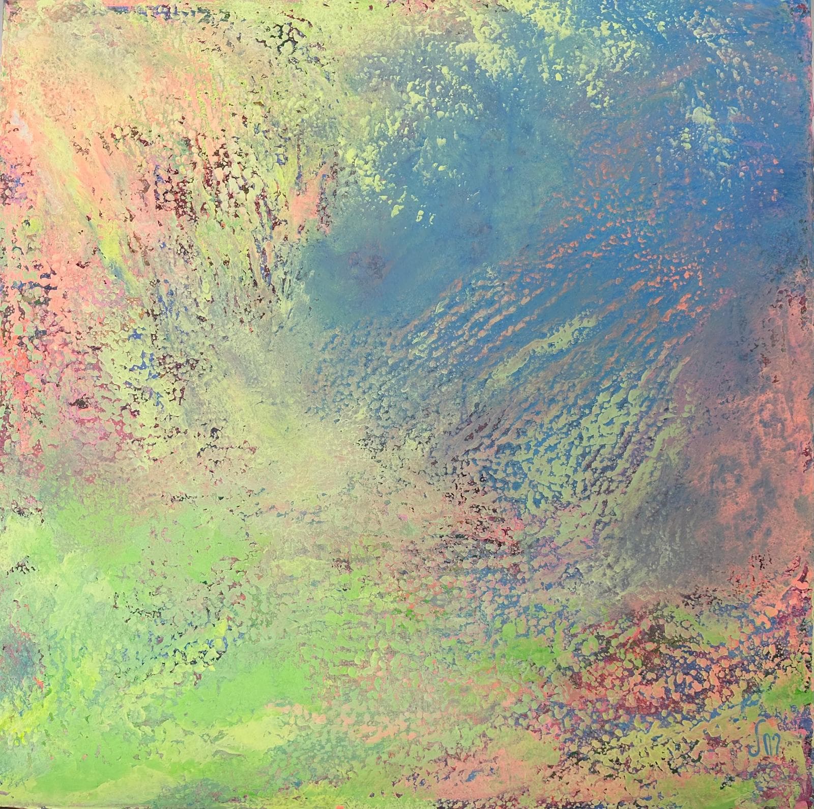 Abstract painting in coral, lime green and sky blue with mottled, bubbled texture radiating from a pale center