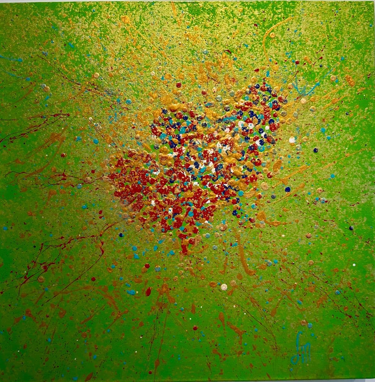 Painting of a heart formed by red, gold, navy and turquoise dots on a bright lime-green background with gold splashes