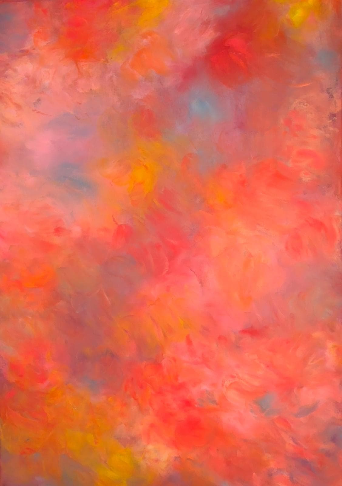 Abstract painting filled with soft swirling strokes of coral, salmon pink and orange, with touches of yellow and grey-blue