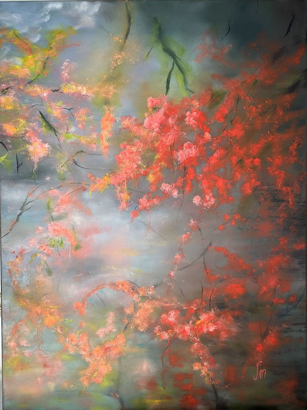 Oil painting of coral-red and pink blossoms cascading on thin dark branches across a misty blue-grey background