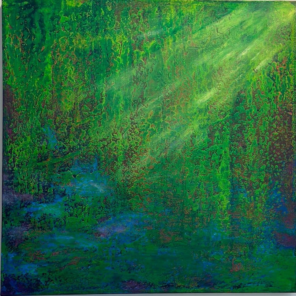 Painting of dripping green foliage over rust red, crossed by a diagonal beam of light, with a blue stream at lower left