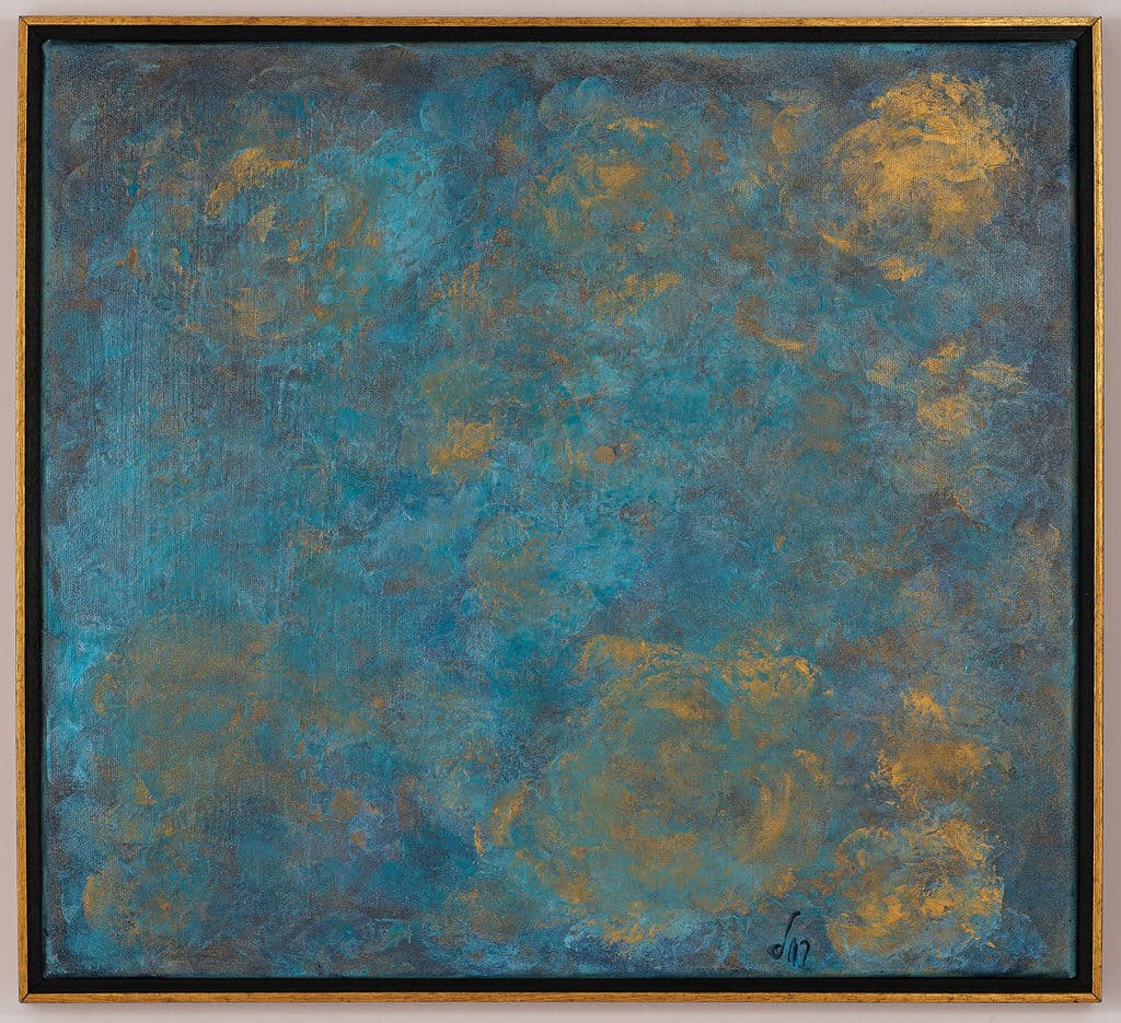 Abstract painting in turquoise and teal with soft, swirling golden forms