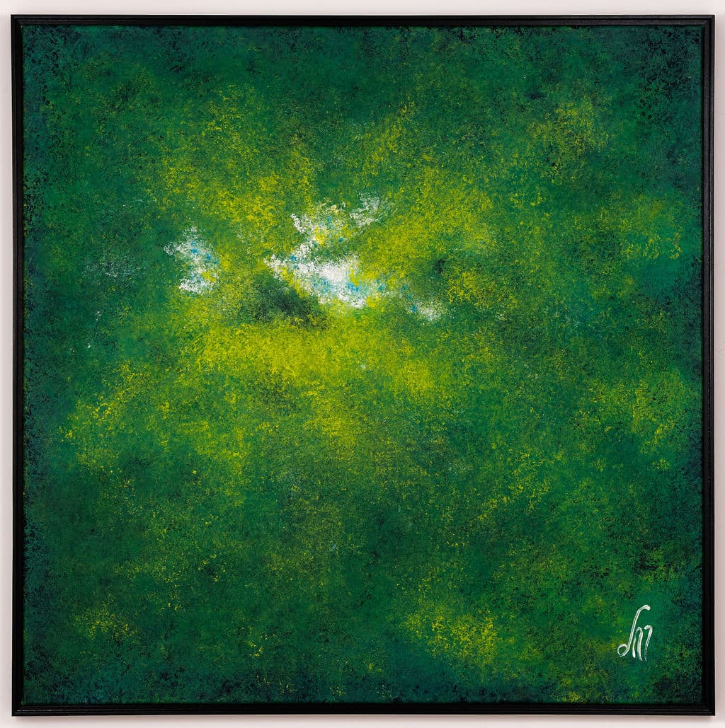 Abstract painting in deep green and yellow-green stippling, with a small opening of white and pale blue near the top