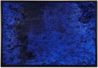 Monochrome painting in intense ultramarine blue with a rough, rock-like textured surface