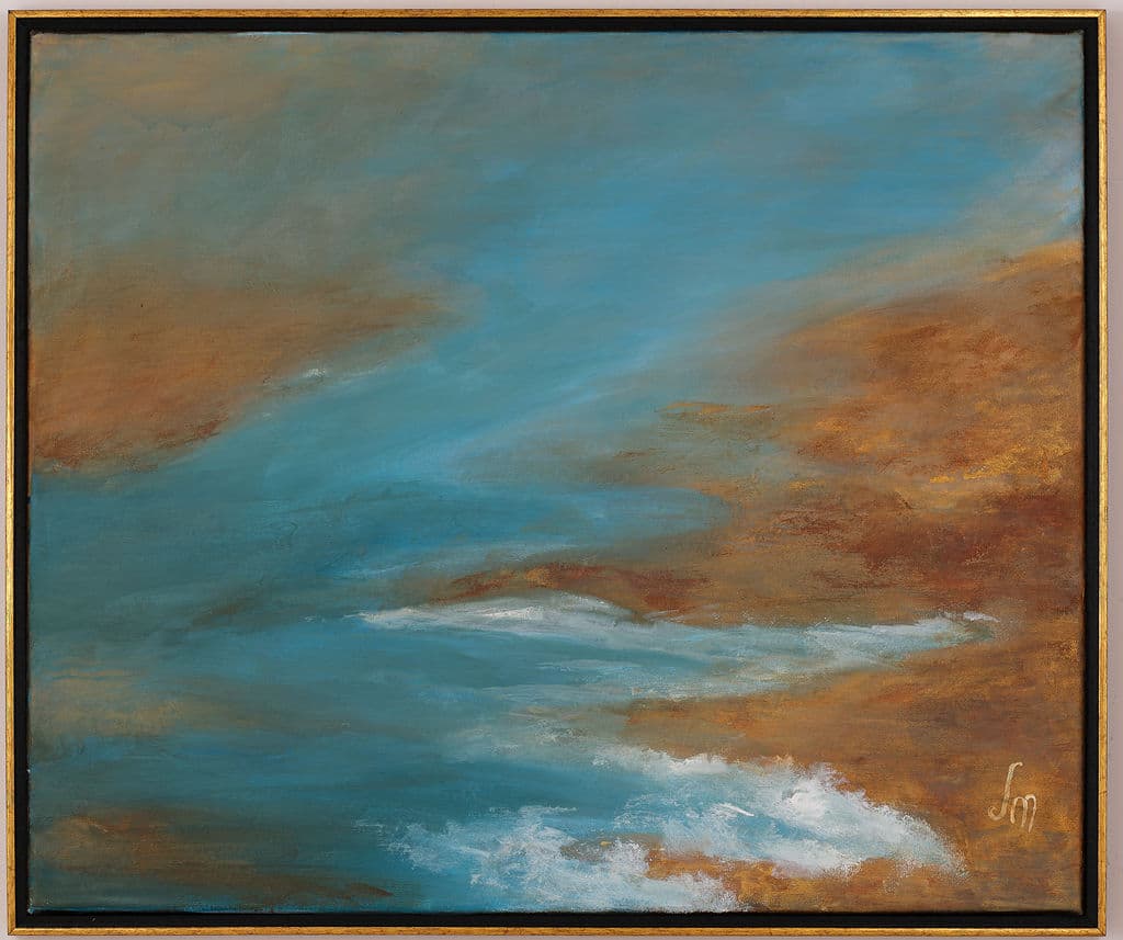 Seascape painting of turquoise water meeting a rust and ochre shore, with white surf breaking at lower right