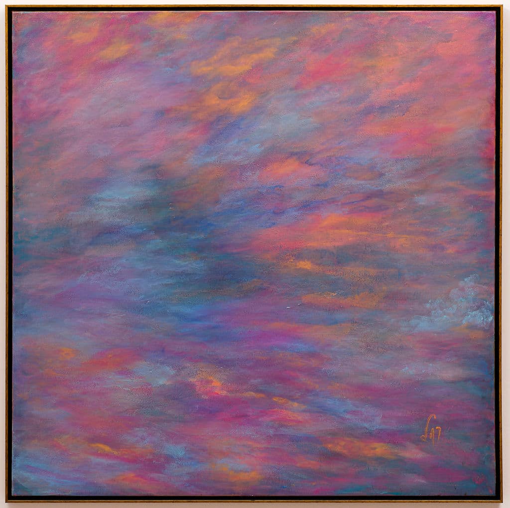 Abstract painting of a sky streaked with magenta, coral, orange and slate blue, with a small pale blue cloud at right