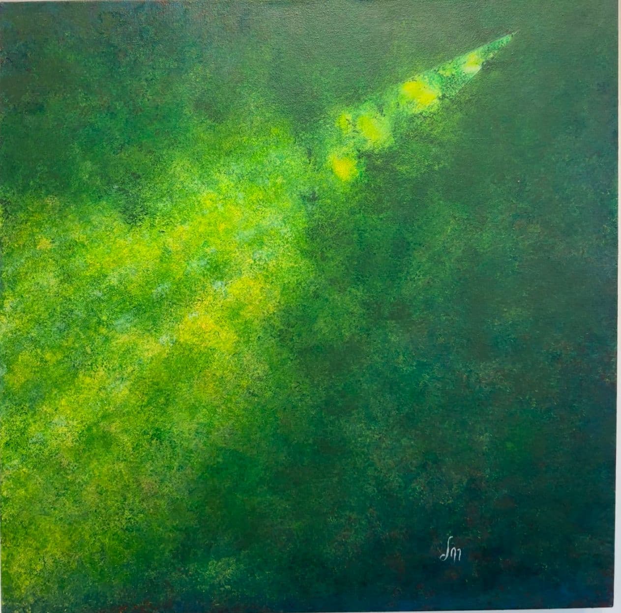 Abstract painting in deep greens crossed by a diagonal band of yellow-green light that narrows to a point at upper right