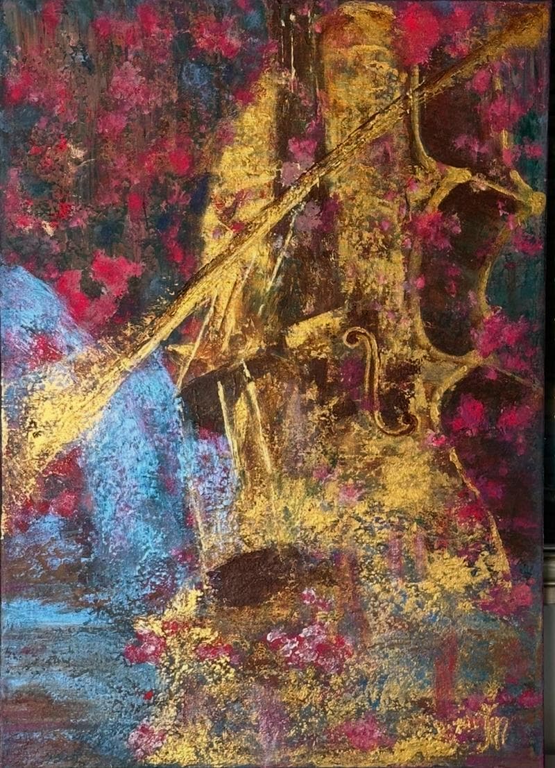 Painting of a golden violin set diagonally among crimson and magenta blossoms, with a pale turquoise cascade at left