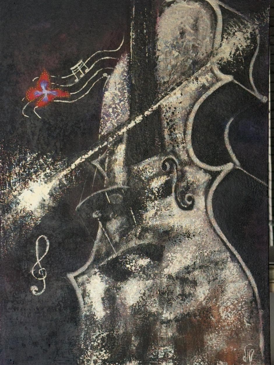 Painting of a pewter-grey violin on a black ground, with a red butterfly, musical notes and a treble clef