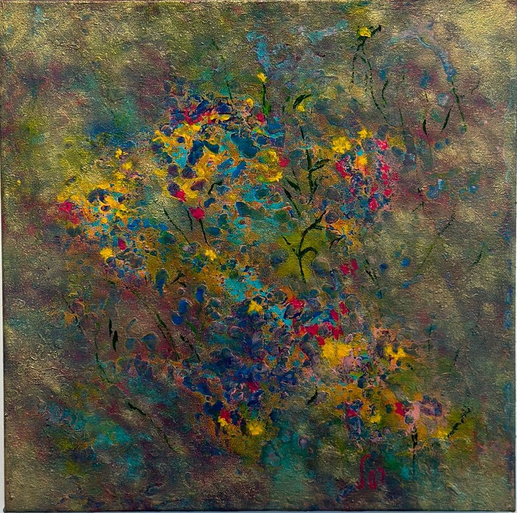 Painting of small yellow, crimson, blue and turquoise flowers with thin dark stems on a muted gold and teal background